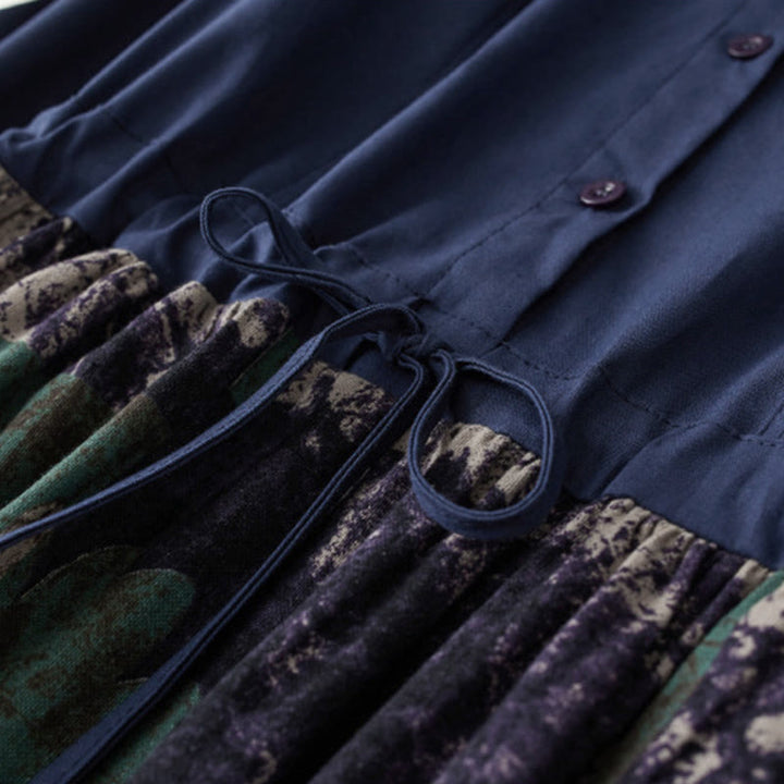 Abito midi in lino con maniche lunghe, coulisse, tasche e stampa patchwork autunnale Buddha Stones - image 4