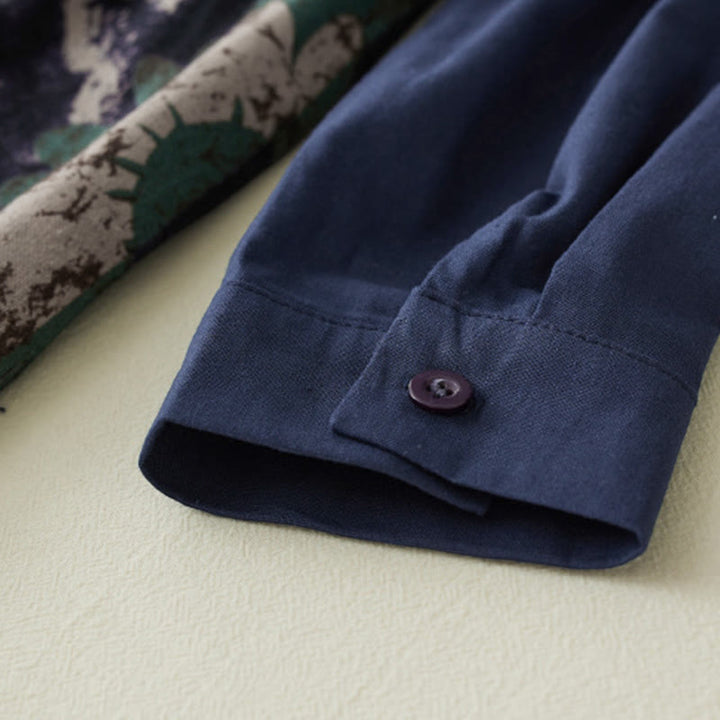 Abito midi in lino con maniche lunghe, coulisse, tasche e stampa patchwork autunnale Buddha Stones - image 7