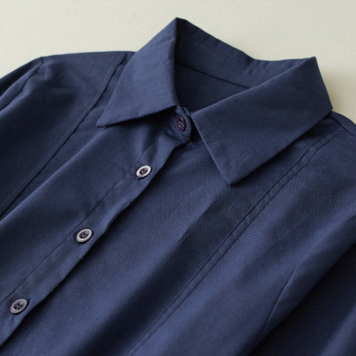 Abito midi in lino con maniche lunghe, coulisse, tasche e stampa patchwork autunnale Buddha Stones - image 3