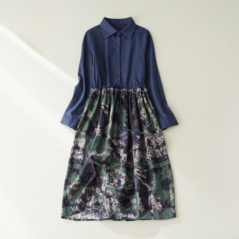 Abito midi in lino con maniche lunghe, coulisse, tasche e stampa patchwork autunnale Buddha Stones - Blu scuro - US8-10, UK/AU12-14, EU40-42 (2XL) - image 1