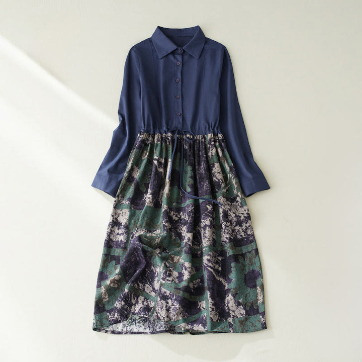 Abito midi in lino con maniche lunghe, coulisse, tasche e stampa patchwork autunnale Buddha Stones - Blu scuro - US8-10, UK/AU12-14, EU40-42 (2XL) - image 1