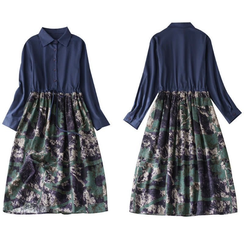 Abito midi in lino con maniche lunghe, coulisse, tasche e stampa patchwork autunnale Buddha Stones - image 10