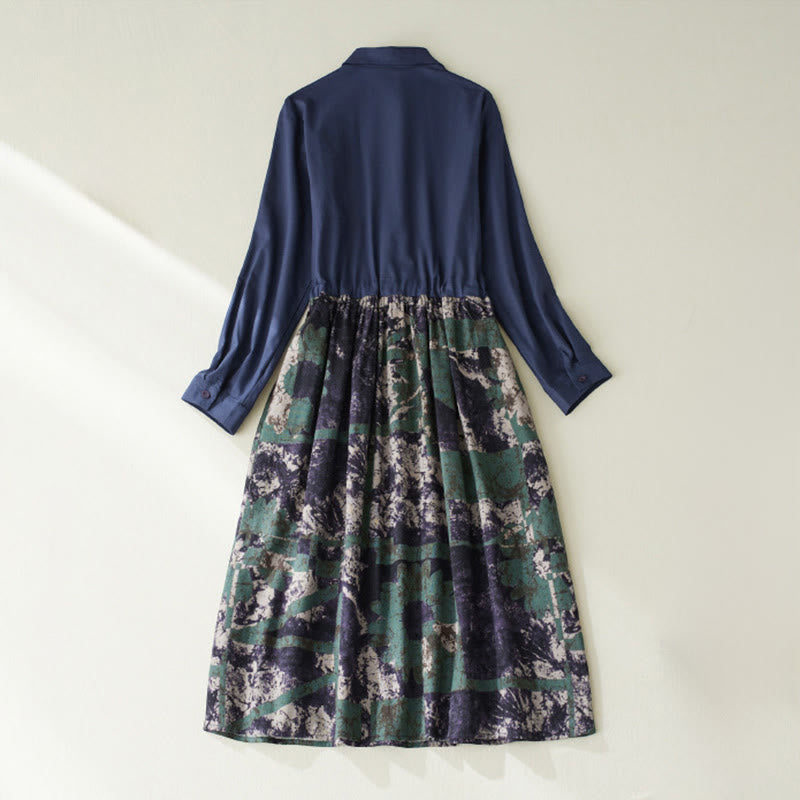 Abito midi in lino con maniche lunghe, coulisse, tasche e stampa patchwork autunnale Buddha Stones - image 2