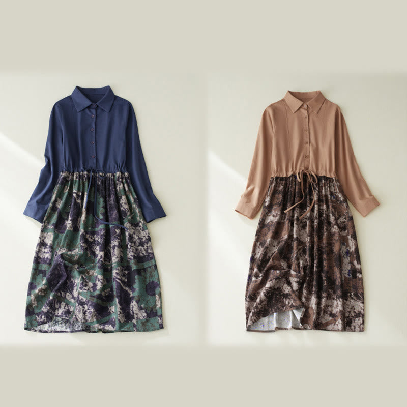 Abito midi in lino con maniche lunghe, coulisse, tasche e stampa patchwork autunnale Buddha Stones - image 14