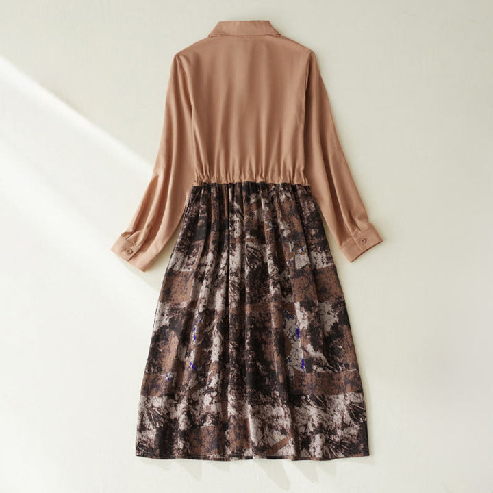 Abito midi in lino con maniche lunghe, coulisse, tasche e stampa patchwork autunnale Buddha Stones - image 12