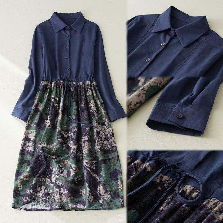 Abito midi in lino con maniche lunghe, coulisse, tasche e stampa patchwork autunnale Buddha Stones - image 8