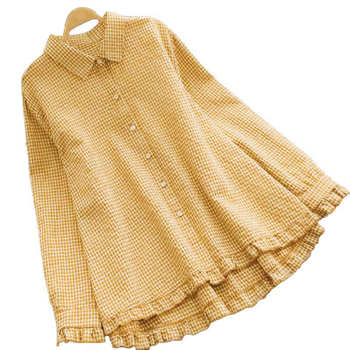 Camicia da donna a maniche lunghe con bottoni e motivo a quadri primaverile Buddha Stones, orlo arricciato. - image 3