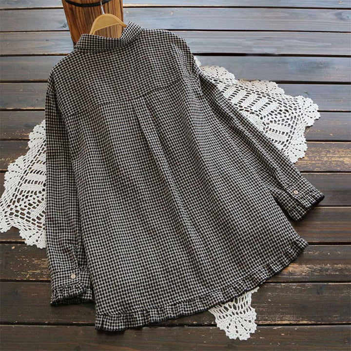 Camicia da donna a maniche lunghe con bottoni e motivo a quadri primaverile Buddha Stones, orlo arricciato. - image 5