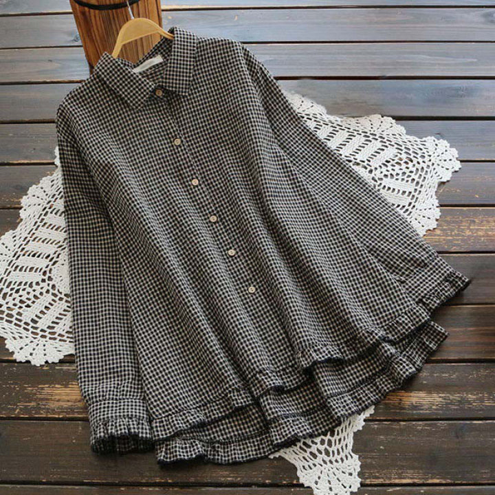 Camicia da donna in cotone con bottoni, a maniche lunghe, motivo a quadri primaverili Buddha Stones con orlo arricciato - Nero - US14, UK/AU18, EU46 (4XL) - image 4