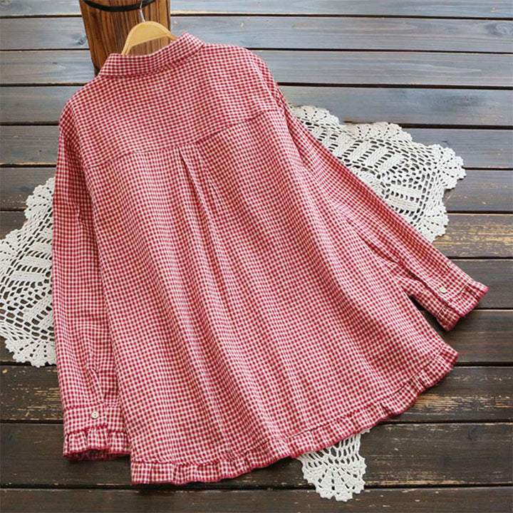 Camicia da donna a maniche lunghe con bottoni e motivo a quadri primaverile Buddha Stones, orlo arricciato. - image 1