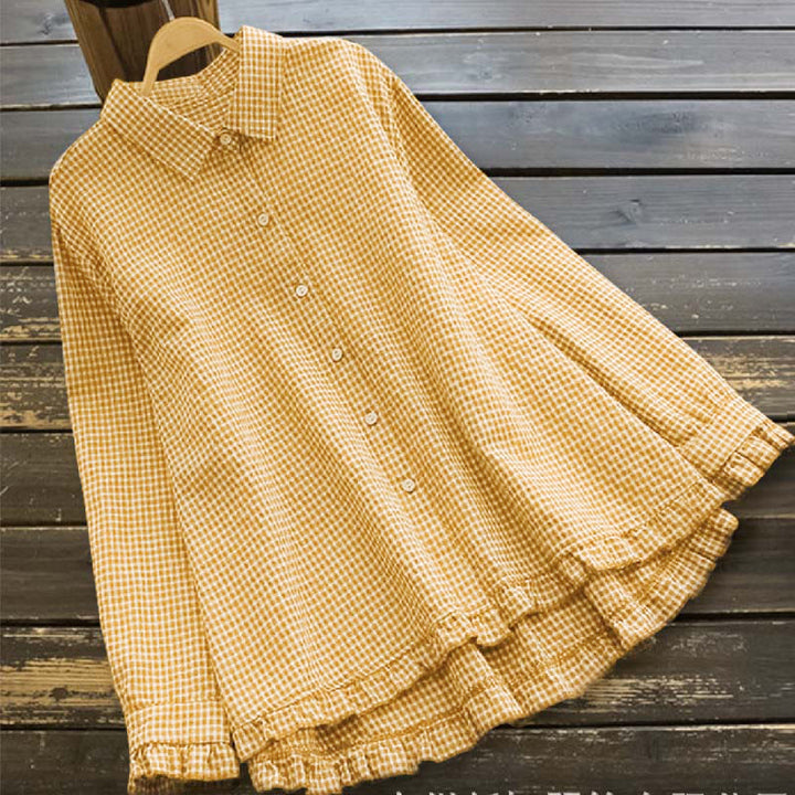 Camicia da donna a maniche lunghe con bottoni e motivo a quadri primaverile Buddha Stones, orlo arricciato. - Giallo - US16, UK/AU20, EU48 (4XL) - image 2