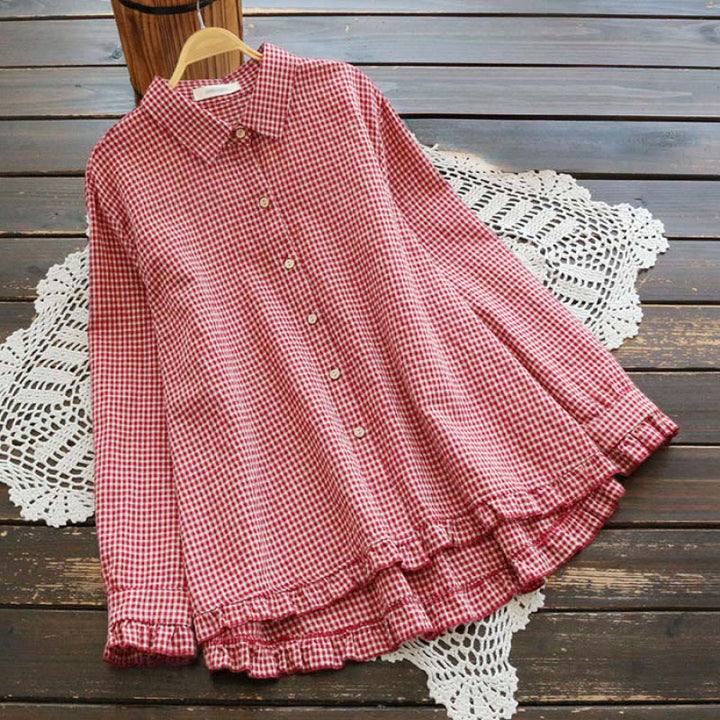 Camicia da donna in cotone con bottoni, a maniche lunghe, motivo a quadri primaverili Buddha Stones con orlo arricciato - Cremisi - US14, UK/AU18, EU46 (4XL) - image 0
