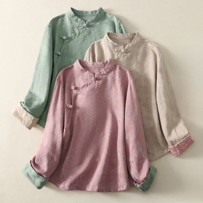 Camicia da donna in cotone e lino con bottoni, manica lunga, in jacquard con bottoni diagonali Buddha Stones - image 0