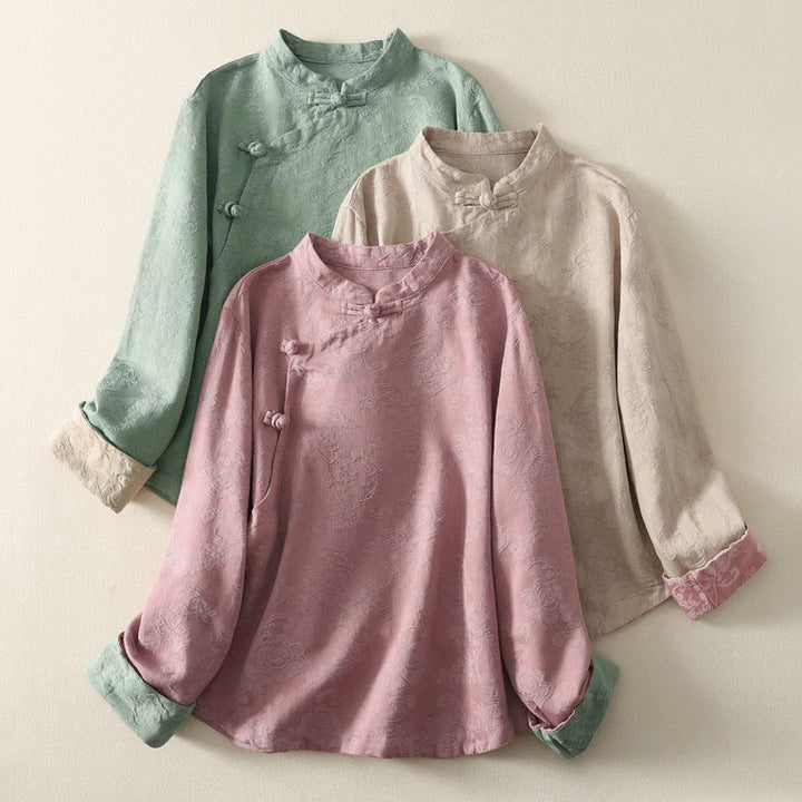 Camicia da donna in cotone e lino con bottoni, manica lunga, in jacquard con bottoni diagonali Buddha Stones - image 0