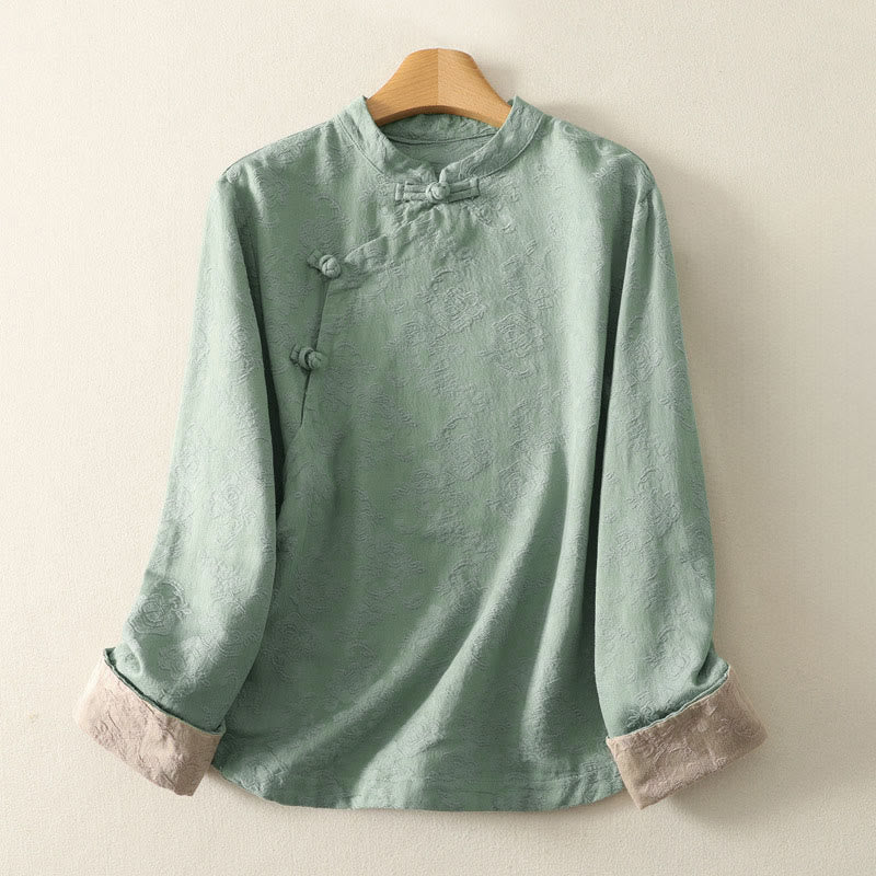 Camicia da donna in cotone e lino con bottoni, manica lunga, in jacquard con bottoni diagonali Buddha Stones - Acquamarina media - US8-10, UK/AU12-14, EU40-42 (2XL) - image 6