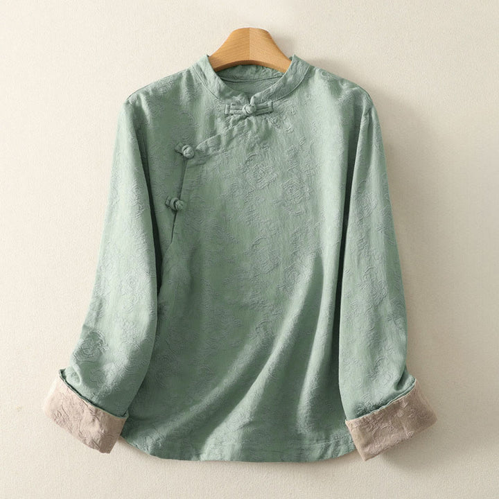 Camicia da donna in cotone e lino con bottoni, manica lunga, in jacquard con bottoni diagonali Buddha Stones - Acquamarina media - US8-10, UK/AU12-14, EU40-42 (2XL) - image 6