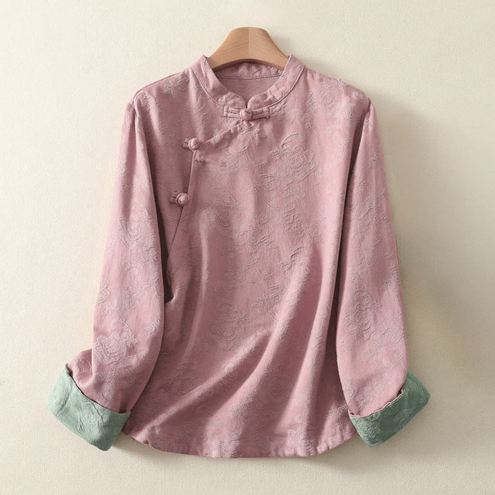 Camicia da donna in cotone e lino con bottoni, manica lunga, in jacquard con bottoni diagonali Buddha Stones - Rosa chiaro - US8-10, UK/AU12-14, EU40-42 (2XL) - image 11