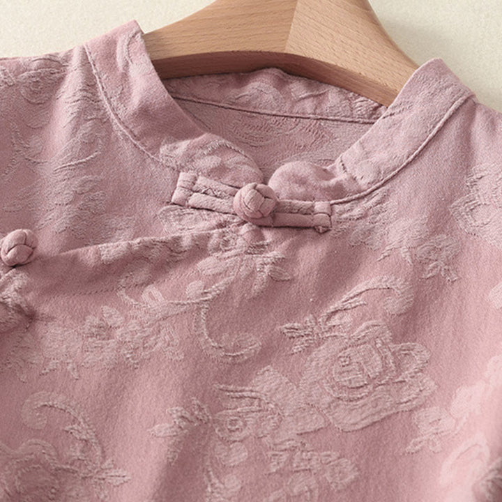 Camicia da donna in cotone e lino con bottoni, manica lunga, in jacquard con bottoni diagonali Buddha Stones - image 13