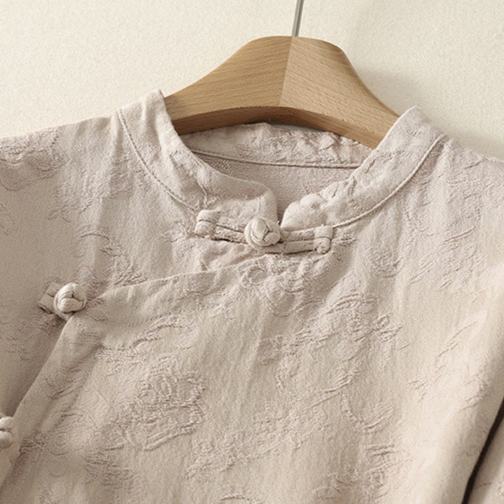 Camicia da donna in cotone e lino con bottoni, manica lunga, in jacquard con bottoni diagonali Buddha Stones - image 2
