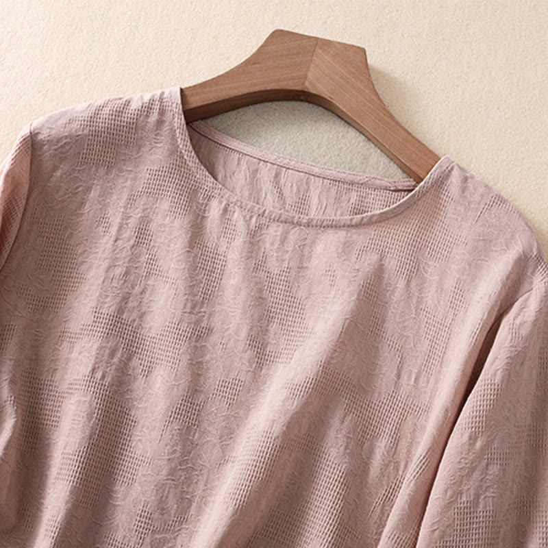 Camicia da donna a maniche lunghe con orlo irregolare e pieghe, stampa jacquard con motivo Buddha Stones. - image 18