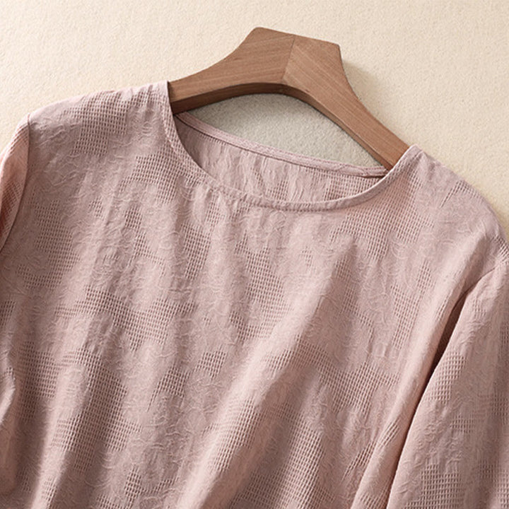 Camicia da donna a maniche lunghe con orlo irregolare e pieghe, stampa jacquard con motivo Buddha Stones. - image 18
