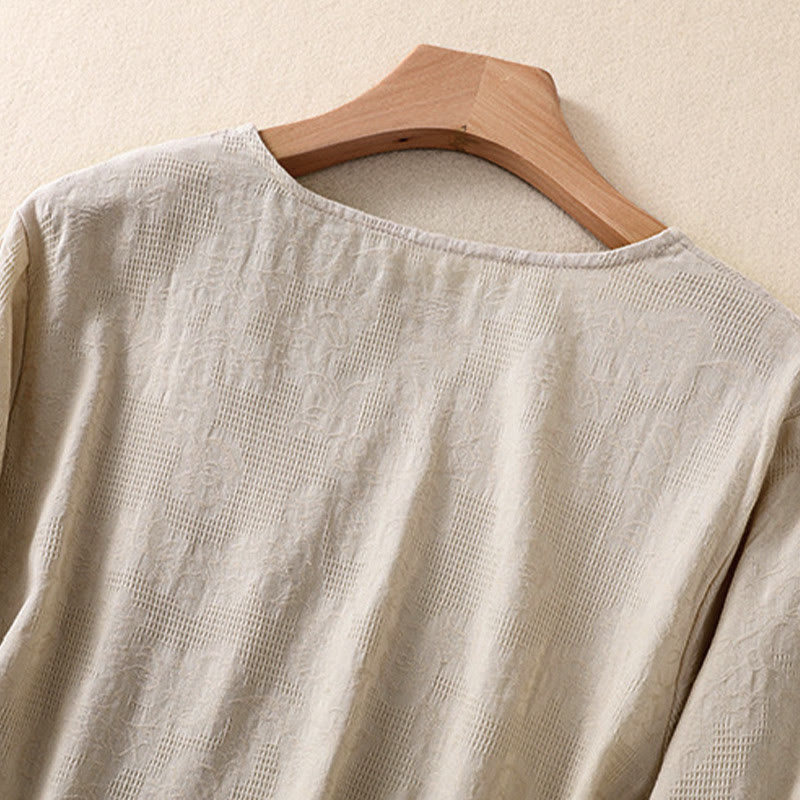 Camicia da donna a maniche lunghe con orlo irregolare e pieghe, stampa jacquard con motivo Buddha Stones. - image 28
