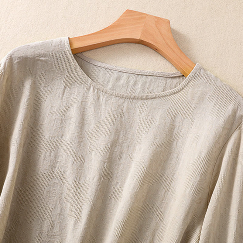 Camicia da donna a maniche lunghe con orlo irregolare e pieghe, stampa jacquard con motivo Buddha Stones. - image 27