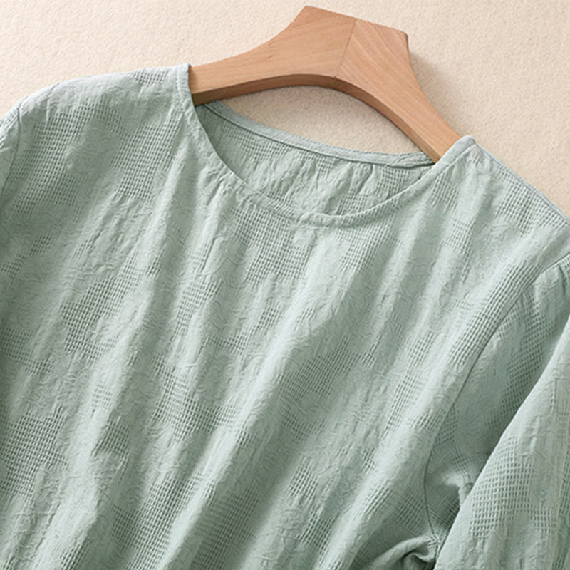 Camicia da donna a maniche lunghe con orlo irregolare e pieghe, stampa jacquard con motivo Buddha Stones. - image 35