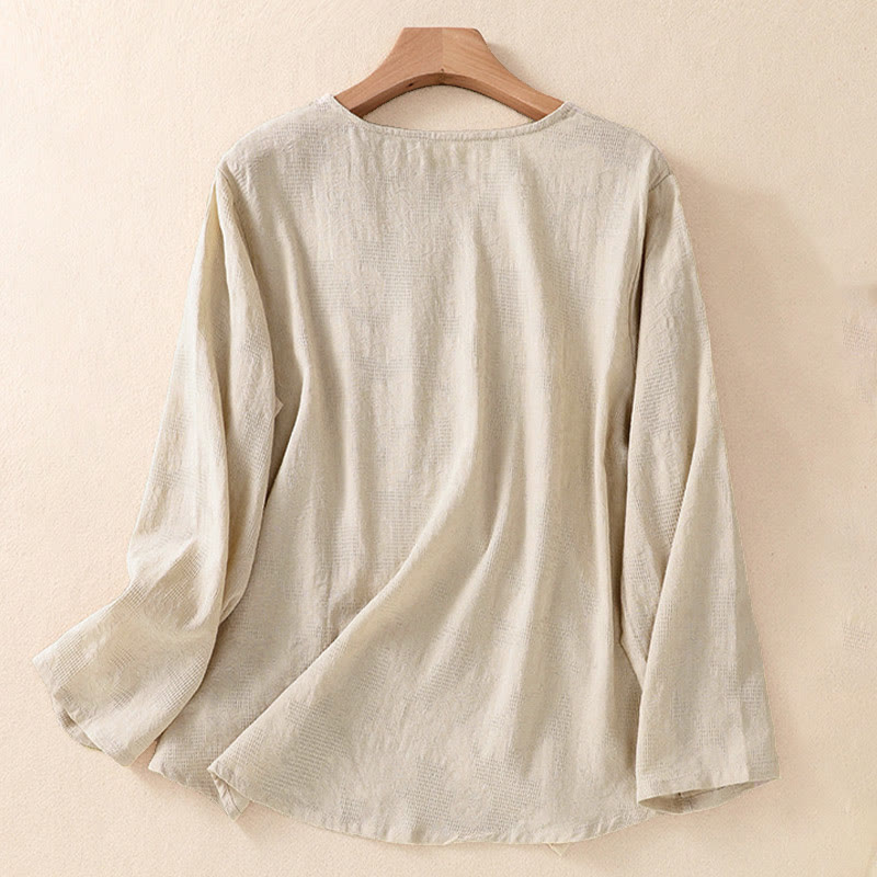 Camicia da donna a maniche lunghe con orlo irregolare e pieghe, stampa jacquard con motivo Buddha Stones. - image 26