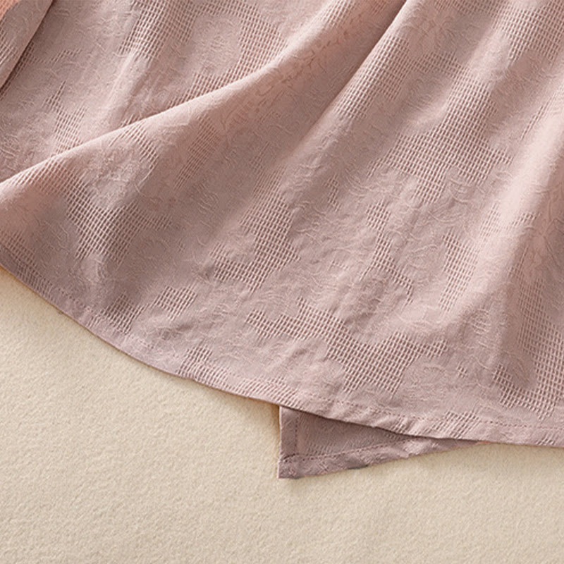 Camicia da donna a maniche lunghe con orlo irregolare e pieghe, stampa jacquard con motivo Buddha Stones. - image 23