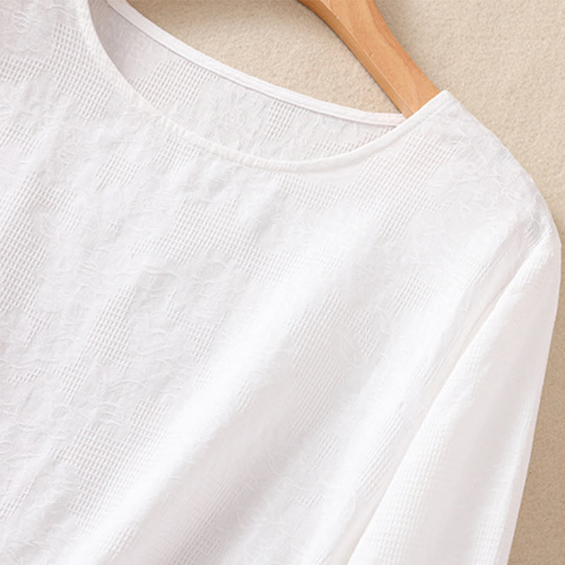 Camicia da donna a maniche lunghe con orlo irregolare e pieghe, stampa jacquard con motivo Buddha Stones. - image 12