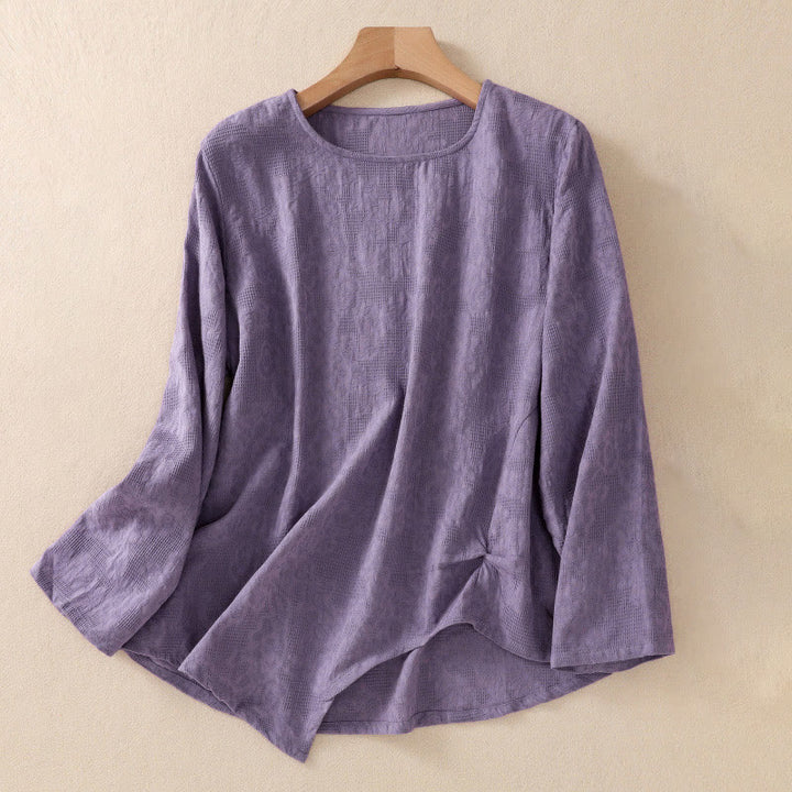 Camicia da donna a maniche lunghe con orlo irregolare e pieghe, stampa jacquard con motivo Buddha Stones. - Orchidea scura - US8-10, UK/AU12-14, EU40-42 (2XL) - image 0