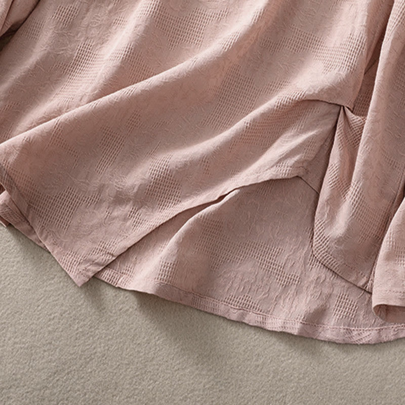 Camicia da donna in cotone a maniche lunghe con motivo a pieghe e orlo irregolare in jacquard Buddha Stones - image 21