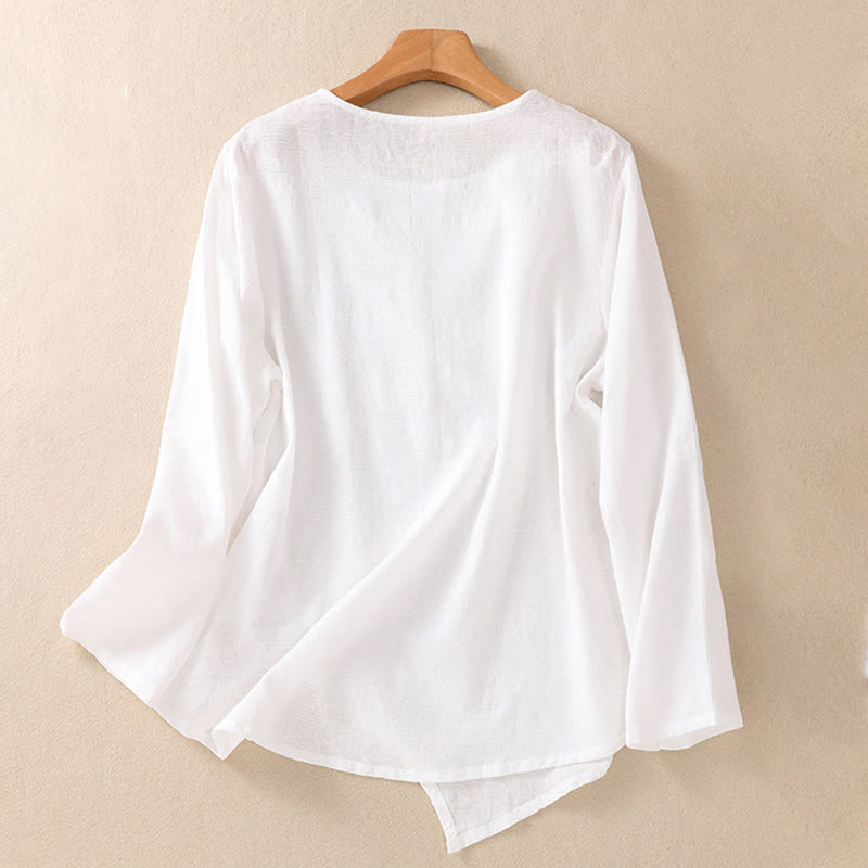 Camicia da donna in cotone a maniche lunghe con motivo a pieghe e orlo irregolare in jacquard Buddha Stones - image 9