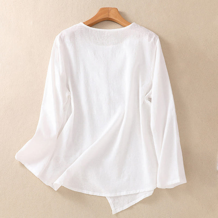 Camicia da donna in cotone a maniche lunghe con motivo a pieghe e orlo irregolare in jacquard Buddha Stones - image 9