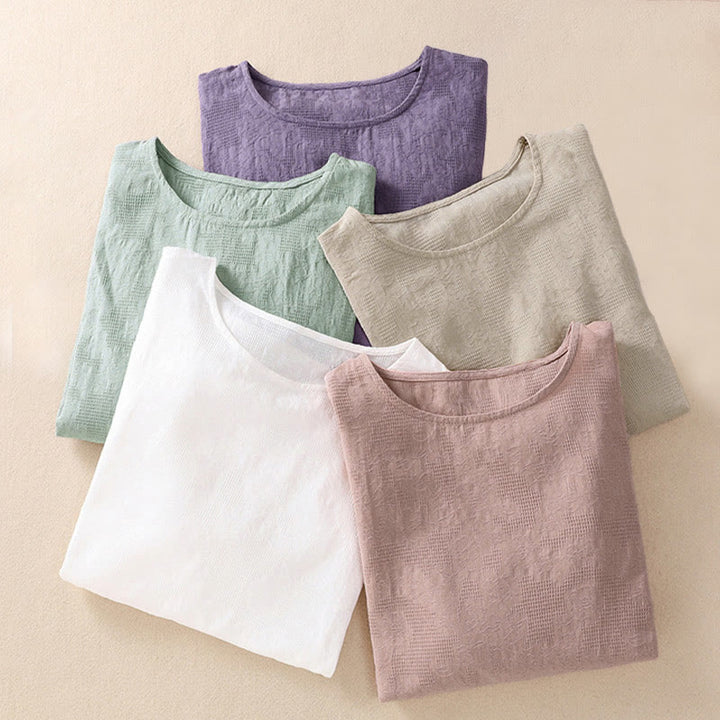 Camicia da donna in cotone a maniche lunghe con motivo a pieghe e orlo irregolare in jacquard Buddha Stones - image 41