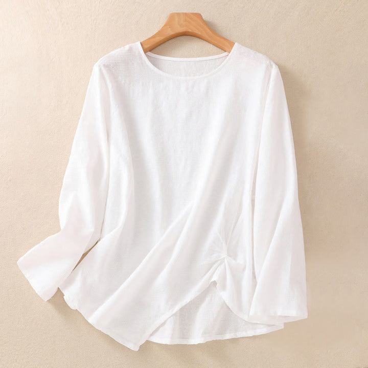 Camicia da donna a maniche lunghe con orlo irregolare e pieghe, stampa jacquard con motivo Buddha Stones. - Bianco - US8-10, UK/AU12-14, EU40-42 (2XL) - image 8