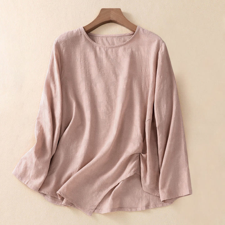 Camicia da donna a maniche lunghe con orlo irregolare e pieghe, stampa jacquard con motivo Buddha Stones. - Salmone scuro - US8-10, UK/AU12-14, EU40-42 (2XL) - image 16