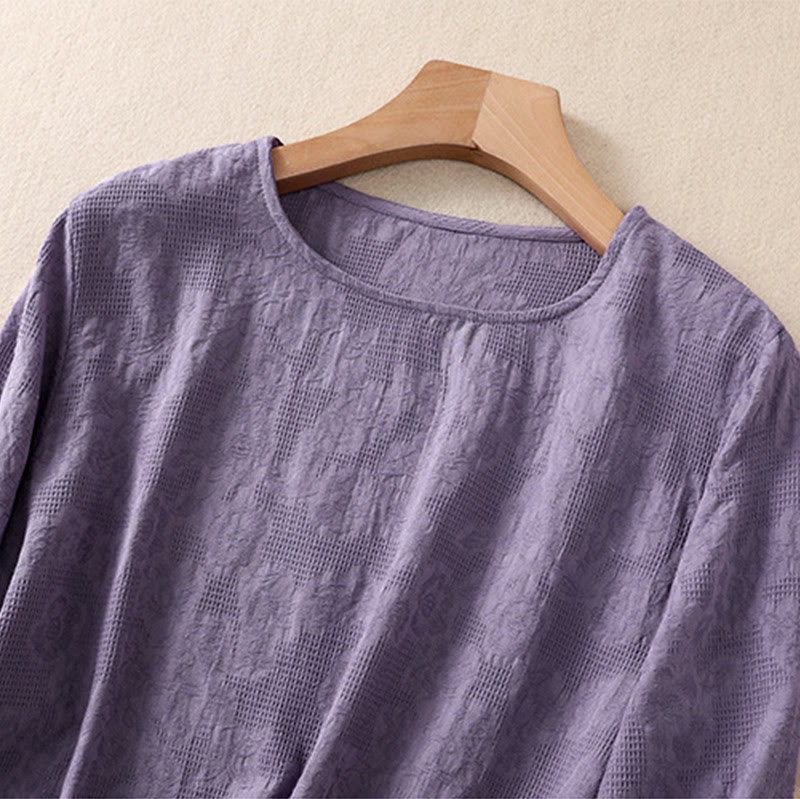 Camicia da donna a maniche lunghe con orlo irregolare e pieghe, stampa jacquard con motivo Buddha Stones. - image 2