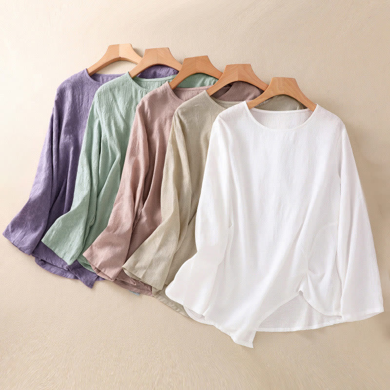 Camicia da donna a maniche lunghe con orlo irregolare e pieghe, stampa jacquard con motivo Buddha Stones. - image 40