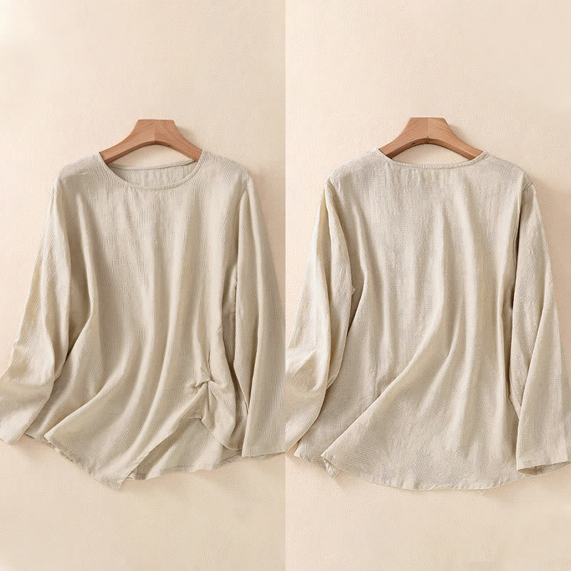 Camicia da donna a maniche lunghe con orlo irregolare e pieghe, stampa jacquard con motivo Buddha Stones. - image 32