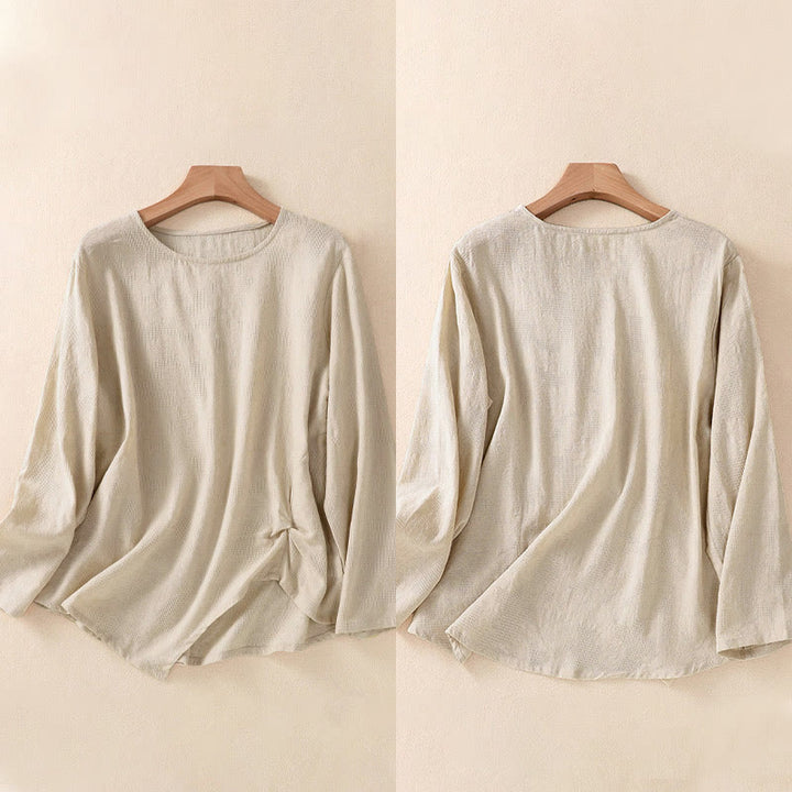 Camicia da donna a maniche lunghe con orlo irregolare e pieghe, stampa jacquard con motivo Buddha Stones. - image 32