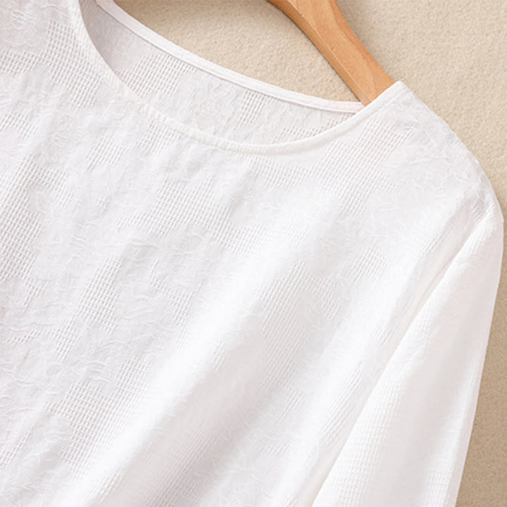 Camicia da donna in cotone a maniche lunghe con motivo a pieghe e orlo irregolare in jacquard Buddha Stones - image 12