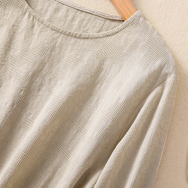 Camicia da donna a maniche lunghe con orlo irregolare e pieghe, stampa jacquard con motivo Buddha Stones. - image 29