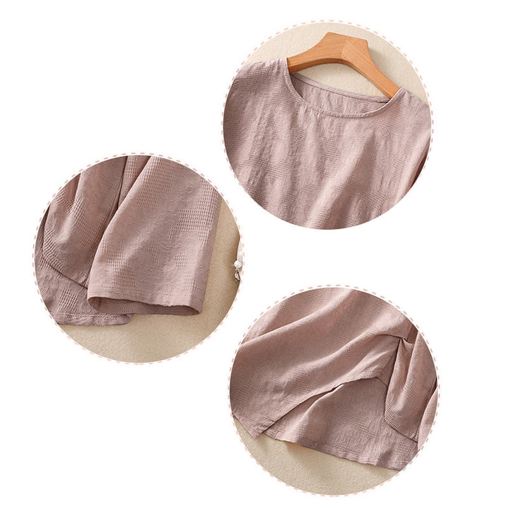 Camicia da donna a maniche lunghe con orlo irregolare e pieghe, stampa jacquard con motivo Buddha Stones. - image 24
