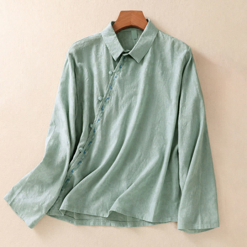 Camicia da donna in cotone a maniche lunghe con ricamo autunnale Buddha Stones, design asimmetrico, bottoni a rana - Acquamarina media - US8-10, UK/AU12-14, EU40-42 (2XL) - image 0