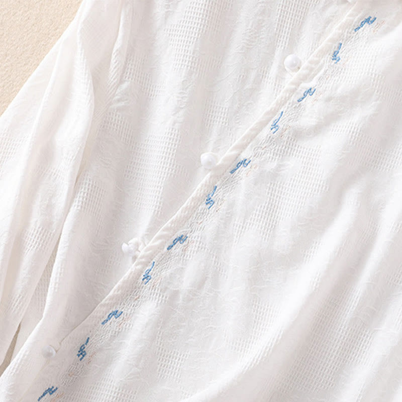 Camicia da donna in cotone a maniche lunghe con ricamo autunnale Buddha Stones, design asimmetrico, bottoni a rana - image 11