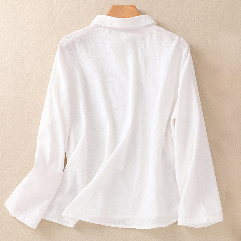 Camicia da donna in cotone a maniche lunghe con ricamo autunnale Buddha Stones, design asimmetrico, bottoni a rana - image 8