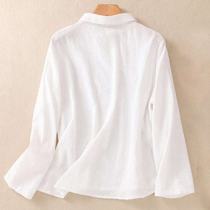 Camicia da donna in cotone a maniche lunghe con ricamo autunnale Buddha Stones, design asimmetrico, bottoni a rana - image 8