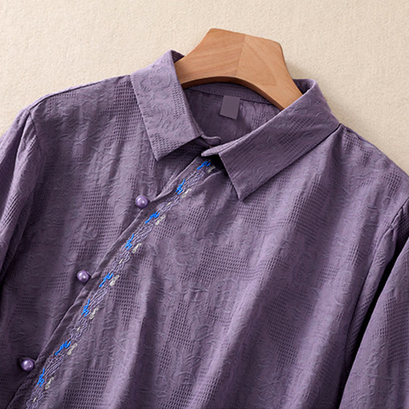 Camicia da donna in cotone a maniche lunghe con ricamo autunnale Buddha Stones, design asimmetrico, bottoni a rana - image 33